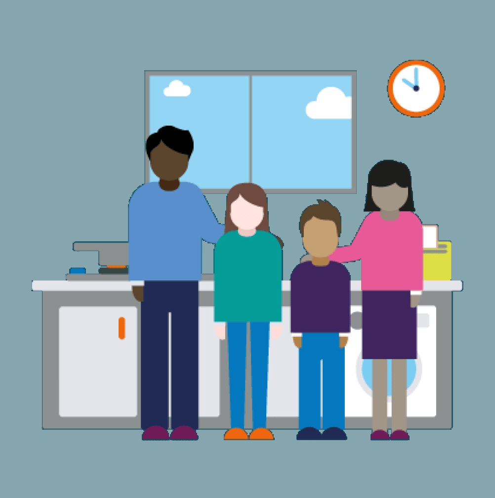 An illustration of a family standing in the kitchen.