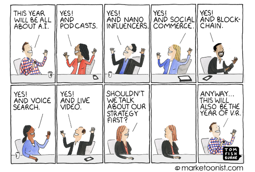 Marketoonist graphic representing a team of marketers getting distracted by new ideas