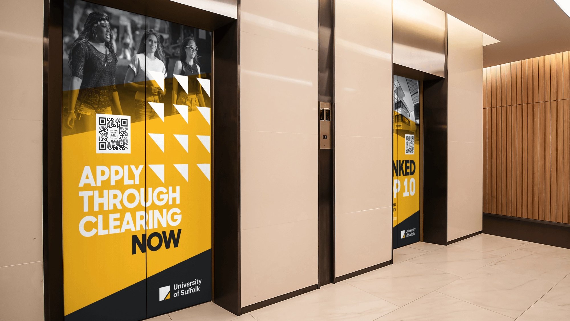 Lift doors featuring the campaign messaging.