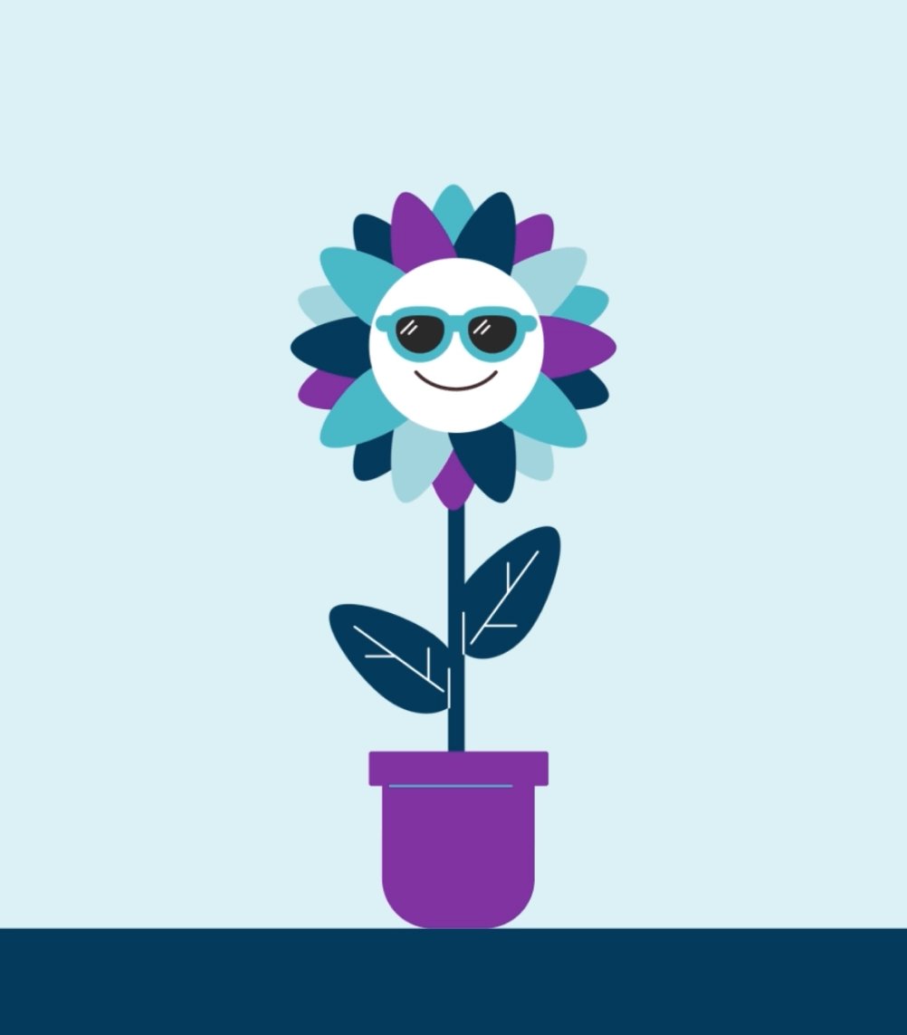 An illustration of a sunflower in a pot, wearing sunglasses.